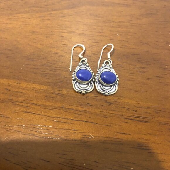 Silver Tone Blue Oval Stone Drop Earrings - Picture 7 of 9